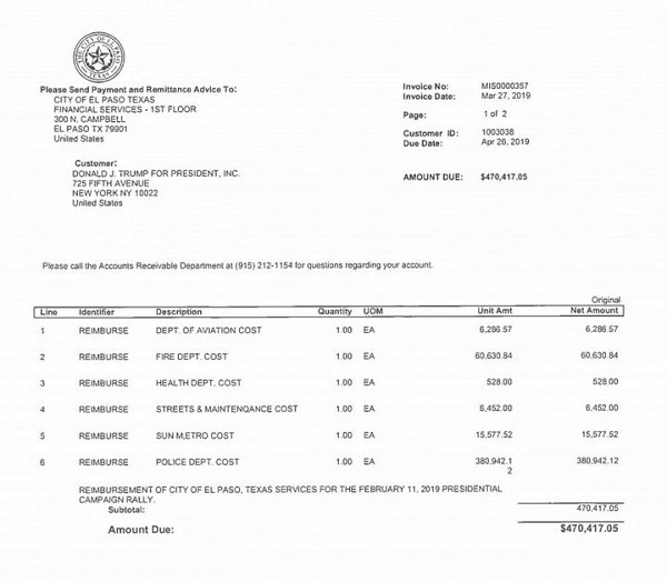 City of El Paso Bill for Donald Trump reelection campaign rally-past-due