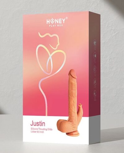 Justin Silicone Thrusting Dildo Packaging-Honey Play Box
